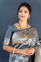 Monjolika Fashion Grey Banarasi Silk Blend Saree With Floral Zari Weaving | Grocsy