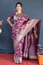 Monjolika Fashion Wine Banarasi Silk Blend Saree With Floral Zari Weaving | Grocsy