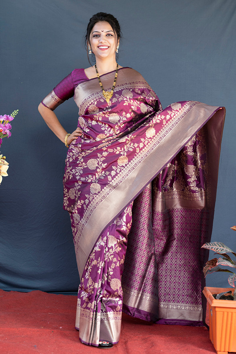Monjolika Fashion Wine Banarasi Silk Blend Saree With Floral Zari Weaving | Grocsy