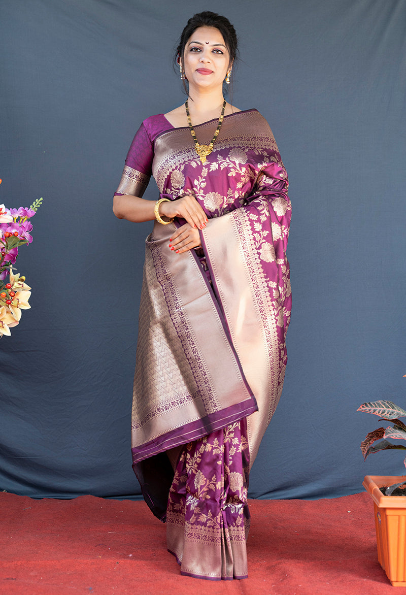 Monjolika Fashion Wine Banarasi Silk Blend Saree With Floral Zari Weaving | Grocsy