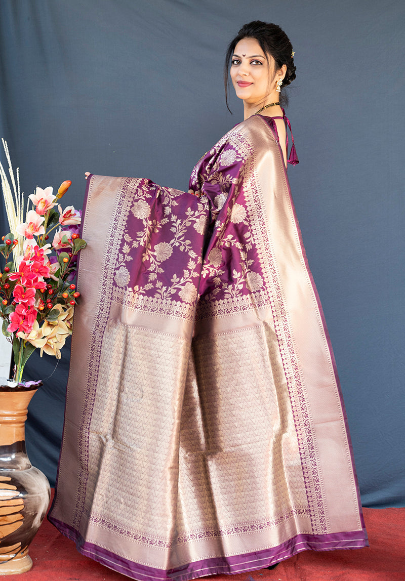 Monjolika Fashion Wine Banarasi Silk Blend Saree With Floral Zari Weaving | Grocsy