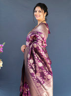 Monjolika Fashion Wine Banarasi Silk Blend Saree With Floral Zari Weaving | Grocsy