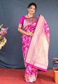 Monjolika Fashion Rani Pink Banarasi Silk Blend Saree With Floral Zari Weaving | Grocsy