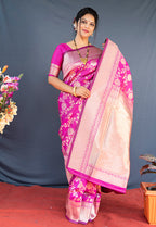 Monjolika Fashion Rani Pink Banarasi Silk Blend Saree With Floral Zari Weaving | Grocsy