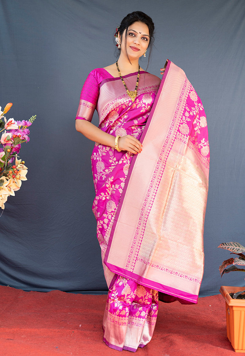 Monjolika Fashion Rani Pink Banarasi Silk Blend Saree With Floral Zari Weaving | Grocsy