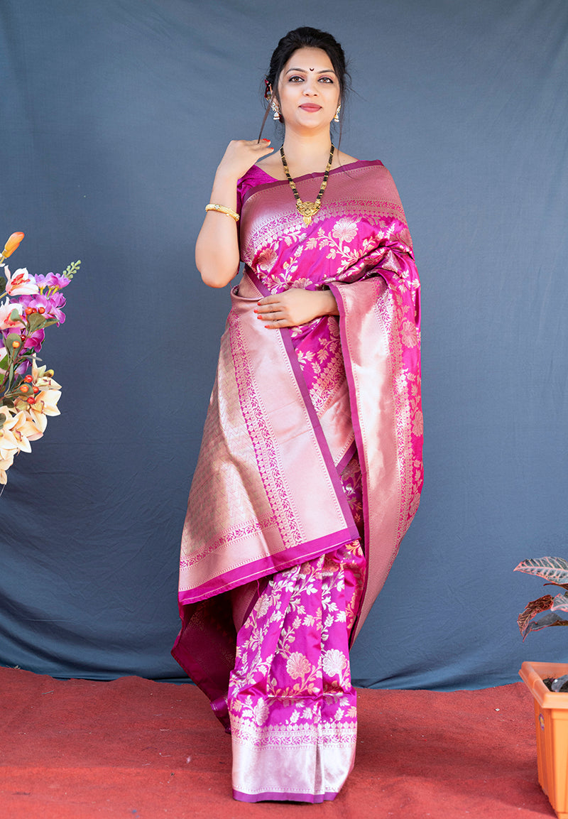 Monjolika Fashion Rani Pink Banarasi Silk Blend Saree With Floral Zari Weaving | Grocsy