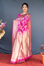 Monjolika Fashion Rani Pink Banarasi Silk Blend Saree With Floral Zari Weaving | Grocsy