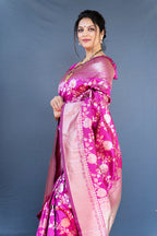 Monjolika Fashion Rani Pink Banarasi Silk Blend Saree With Floral Zari Weaving | Grocsy