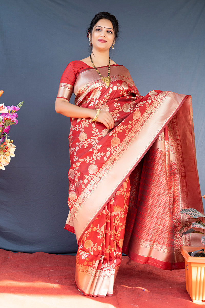 Monjolika Fashion Red Banarasi Silk Blend Saree With Floral Zari Weaving | Grocsy