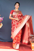 Monjolika Fashion Red Banarasi Silk Blend Saree With Floral Zari Weaving | Grocsy