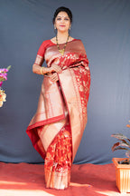 Monjolika Fashion Red Banarasi Silk Blend Saree With Floral Zari Weaving | Grocsy