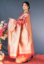 Monjolika Fashion Red Banarasi Silk Blend Saree With Floral Zari Weaving | Grocsy