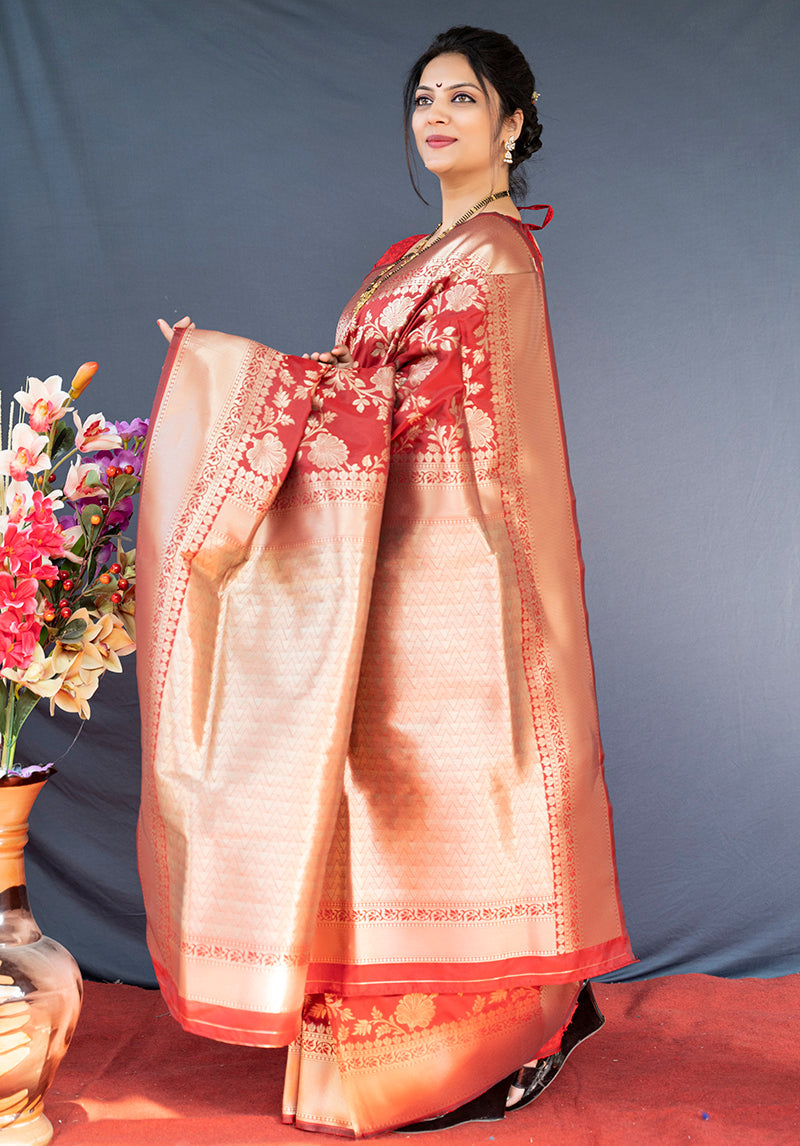 Monjolika Fashion Red Banarasi Silk Blend Saree With Floral Zari Weaving | Grocsy