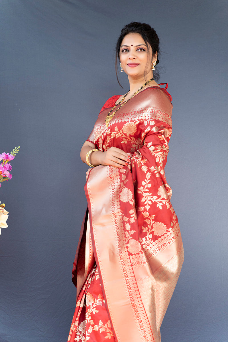 Monjolika Fashion Red Banarasi Silk Blend Saree With Floral Zari Weaving | Grocsy