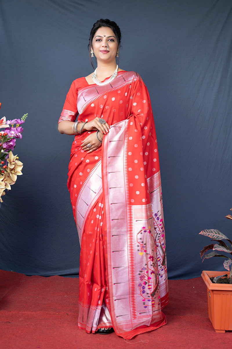 Monjolika Fashion Red Silk Blend Saree With Silver Zari Booti & Traditional Floral Pallu | Grocsy