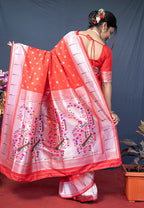 Monjolika Fashion Red Silk Blend Saree With Silver Zari Booti & Traditional Floral Pallu | Grocsy