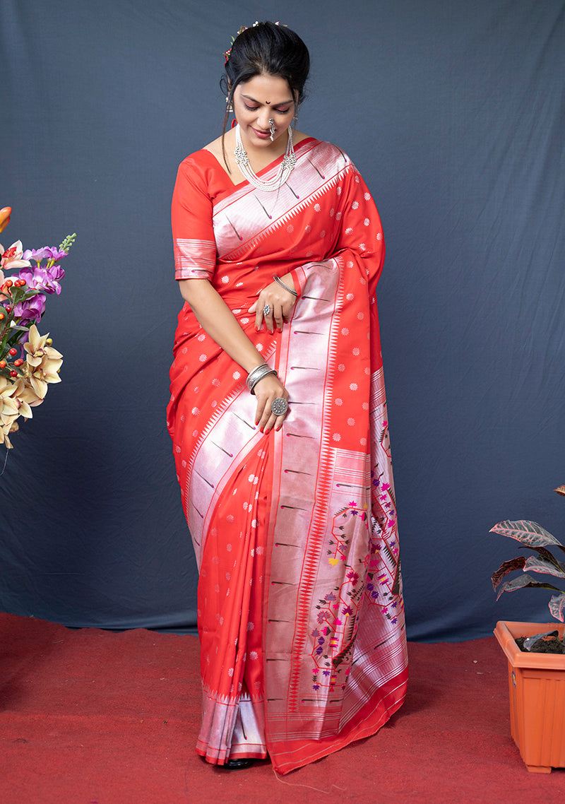 Monjolika Fashion Red Silk Blend Saree With Silver Zari Booti & Traditional Floral Pallu | Grocsy
