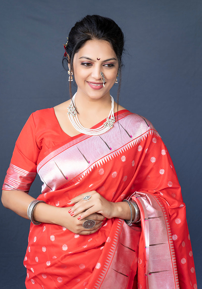 Monjolika Fashion Red Silk Blend Saree With Silver Zari Booti & Traditional Floral Pallu | Grocsy