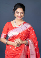 Monjolika Fashion Red Silk Blend Saree With Silver Zari Booti & Traditional Floral Pallu | Grocsy