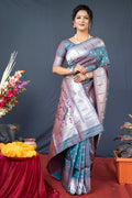 Monjolika Fashion Grey Silk Blend Saree With Silver Zari Booti & Traditional Floral Pallu | Grocsy