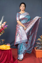 Monjolika Fashion Grey Silk Blend Saree With Silver Zari Booti & Traditional Floral Pallu | Grocsy