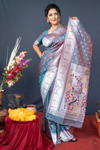 Monjolika Fashion Grey Silk Blend Saree With Silver Zari Booti & Traditional Floral Pallu | Grocsy