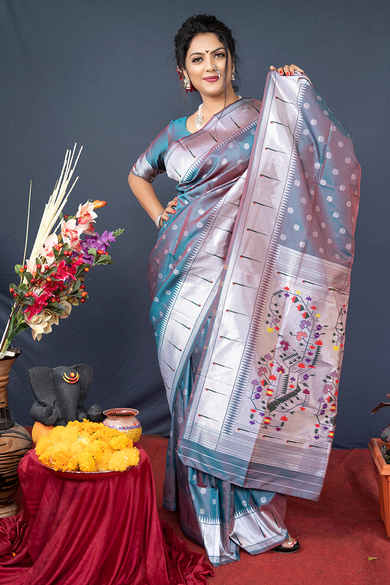 Monjolika Fashion Grey Silk Blend Saree With Silver Zari Booti & Traditional Floral Pallu | Grocsy