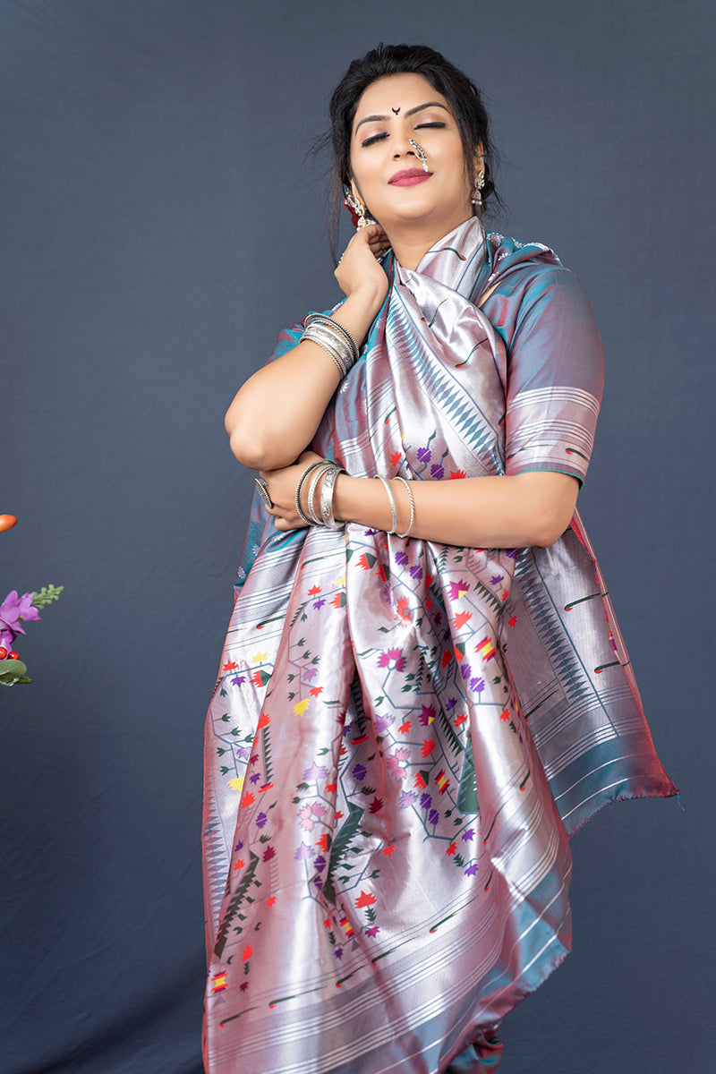 Monjolika Fashion Grey Silk Blend Saree With Silver Zari Booti & Traditional Floral Pallu | Grocsy