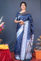 Monjolika Fashion Navy Blue Silk Blend Saree With Silver Zari Booti & Traditional Floral Pallu | Grocsy
