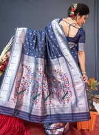 Monjolika Fashion Navy Blue Silk Blend Saree With Silver Zari Booti & Traditional Floral Pallu | Grocsy