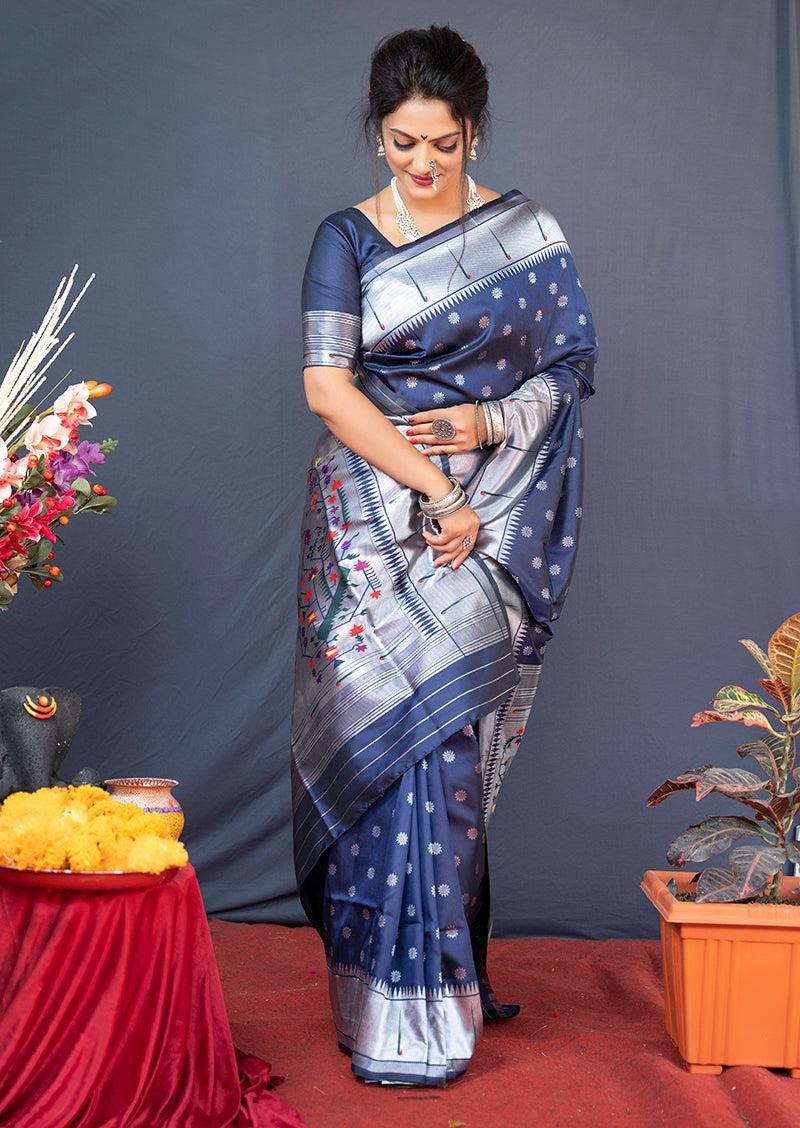 Monjolika Fashion Navy Blue Silk Blend Saree With Silver Zari Booti & Traditional Floral Pallu | Grocsy