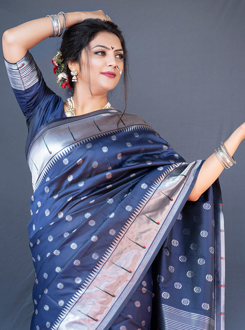 Monjolika Fashion Navy Blue Silk Blend Saree With Silver Zari Booti & Traditional Floral Pallu | Grocsy