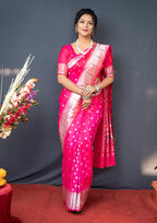 Monjolika Fashion Rani Pink Silk Blend Saree With Silver Zari Booti & Traditional Floral Pallu | Grocsy