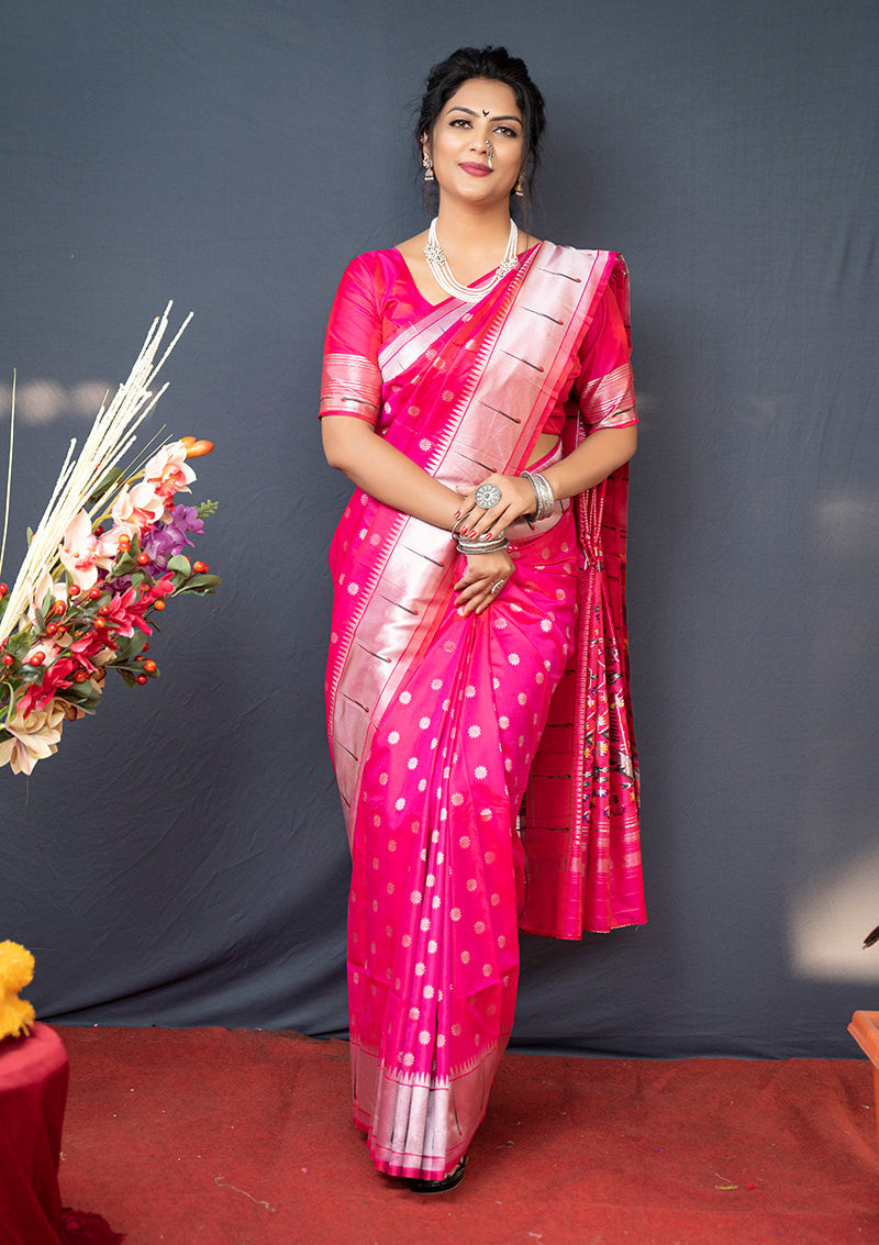 Monjolika Fashion Rani Pink Silk Blend Saree With Silver Zari Booti & Traditional Floral Pallu | Grocsy