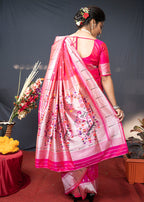 Monjolika Fashion Rani Pink Silk Blend Saree With Silver Zari Booti & Traditional Floral Pallu | Grocsy