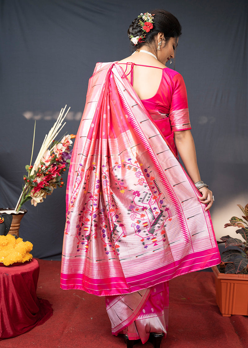 Monjolika Fashion Rani Pink Silk Blend Saree With Silver Zari Booti & Traditional Floral Pallu | Grocsy