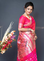 Monjolika Fashion Rani Pink Silk Blend Saree With Silver Zari Booti & Traditional Floral Pallu | Grocsy
