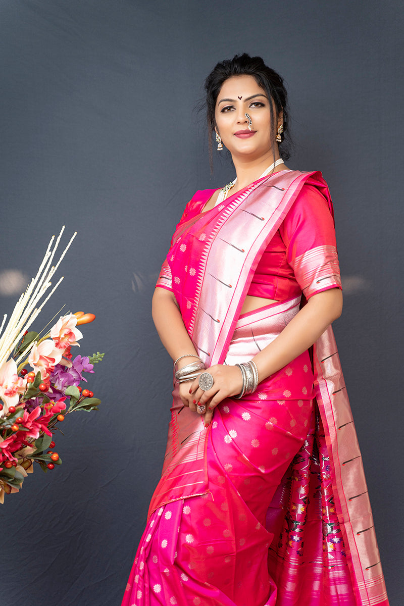 Monjolika Fashion Rani Pink Silk Blend Saree With Silver Zari Booti & Traditional Floral Pallu | Grocsy