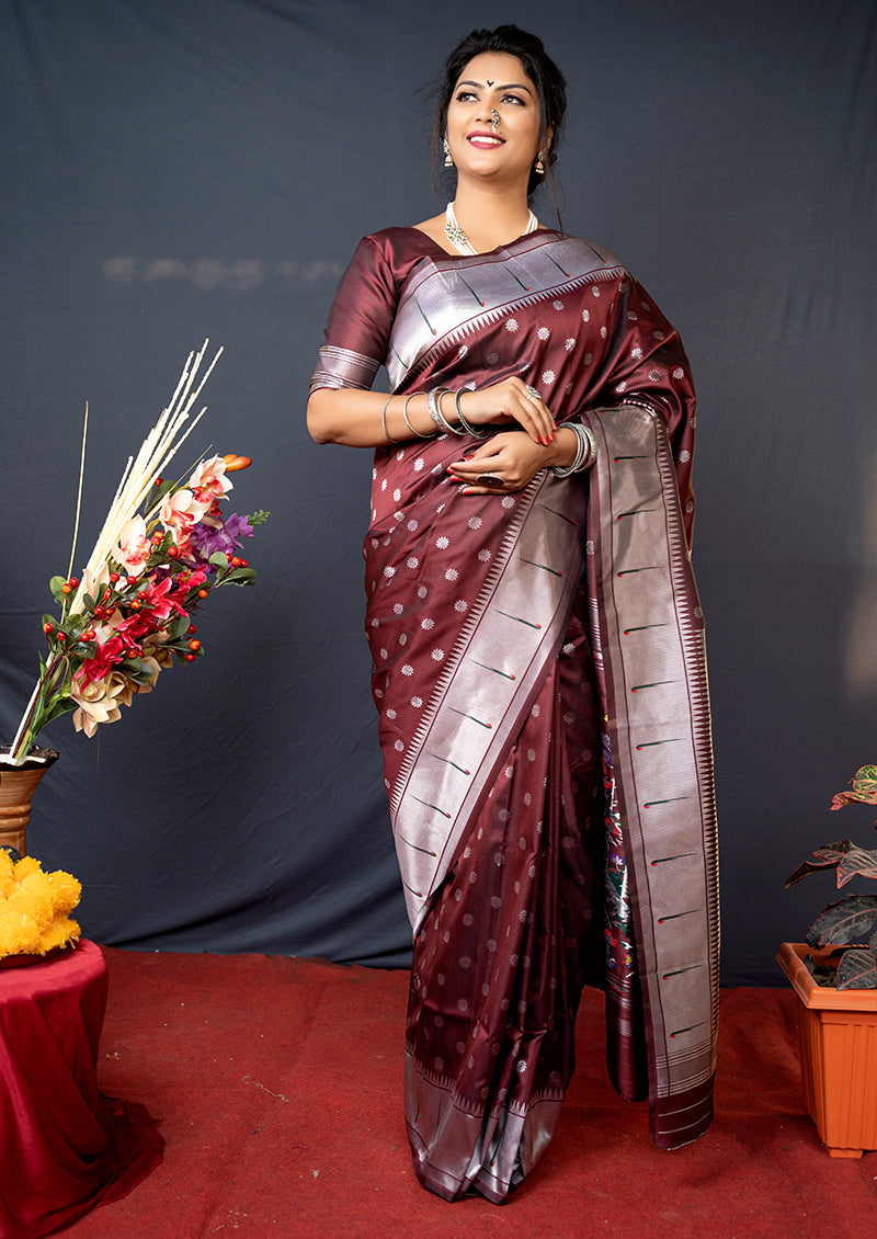 Monjolika Fashion Coffee Brown Silk Blend Saree With Silver Zari Booti & Traditional Floral Pallu | Grocsy