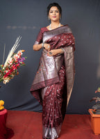Monjolika Fashion Coffee Brown Silk Blend Saree With Silver Zari Booti & Traditional Floral Pallu | Grocsy