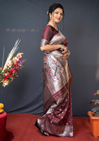 Monjolika Fashion Coffee Brown Silk Blend Saree With Silver Zari Booti & Traditional Floral Pallu | Grocsy