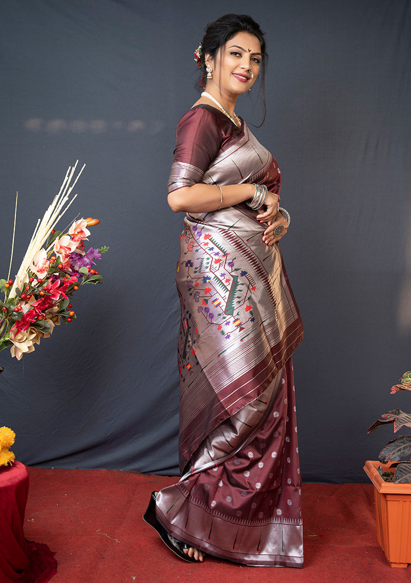 Monjolika Fashion Coffee Brown Silk Blend Saree With Silver Zari Booti & Traditional Floral Pallu | Grocsy