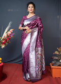 Monjolika Fashion Wine Silk Blend Saree With Silver Zari Booti & Traditional Floral Pallu | Grocsy