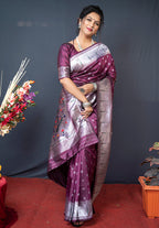 Monjolika Fashion Wine Silk Blend Saree With Silver Zari Booti & Traditional Floral Pallu | Grocsy