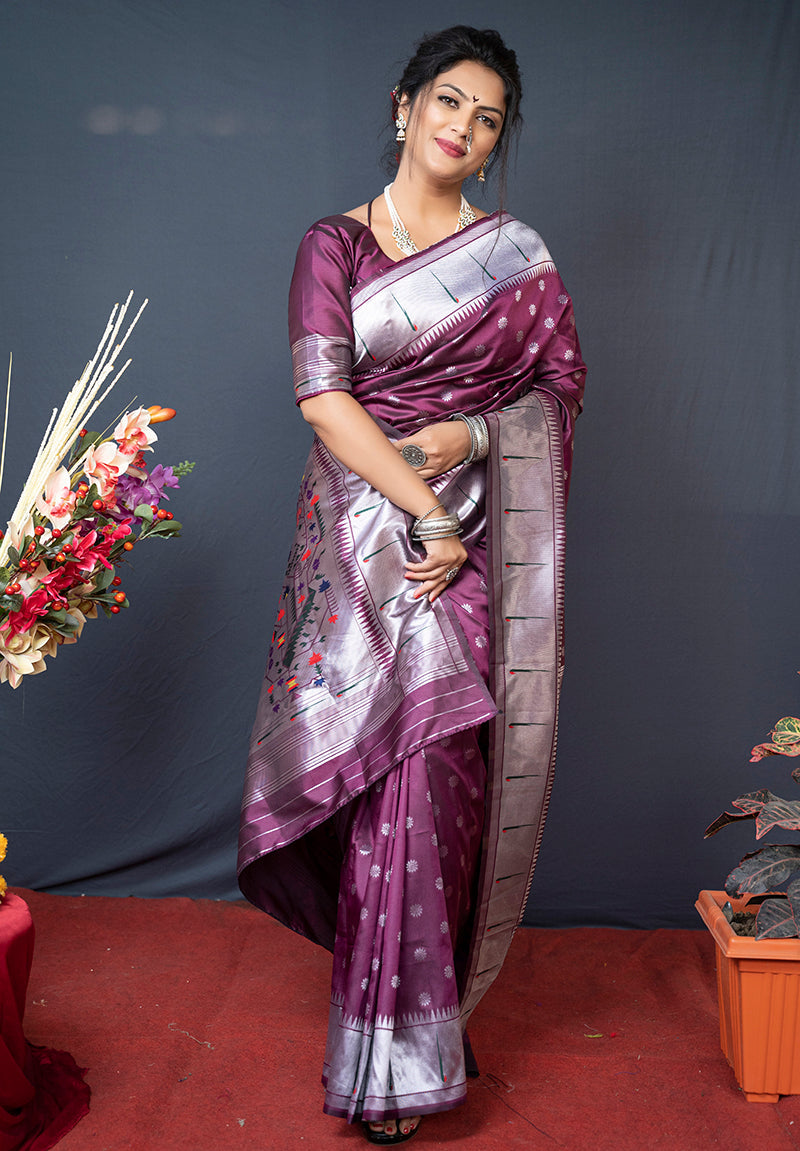 Monjolika Fashion Wine Silk Blend Saree With Silver Zari Booti & Traditional Floral Pallu | Grocsy