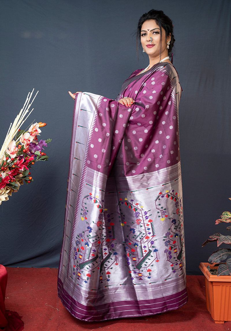 Monjolika Fashion Wine Silk Blend Saree With Silver Zari Booti & Traditional Floral Pallu | Grocsy