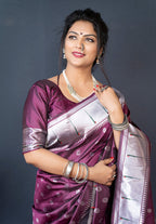 Monjolika Fashion Wine Silk Blend Saree With Silver Zari Booti & Traditional Floral Pallu | Grocsy
