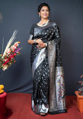 Monjolika Fashion Black Silk Blend Saree With Silver Zari Booti & Traditional Floral Pallu | Grocsy
