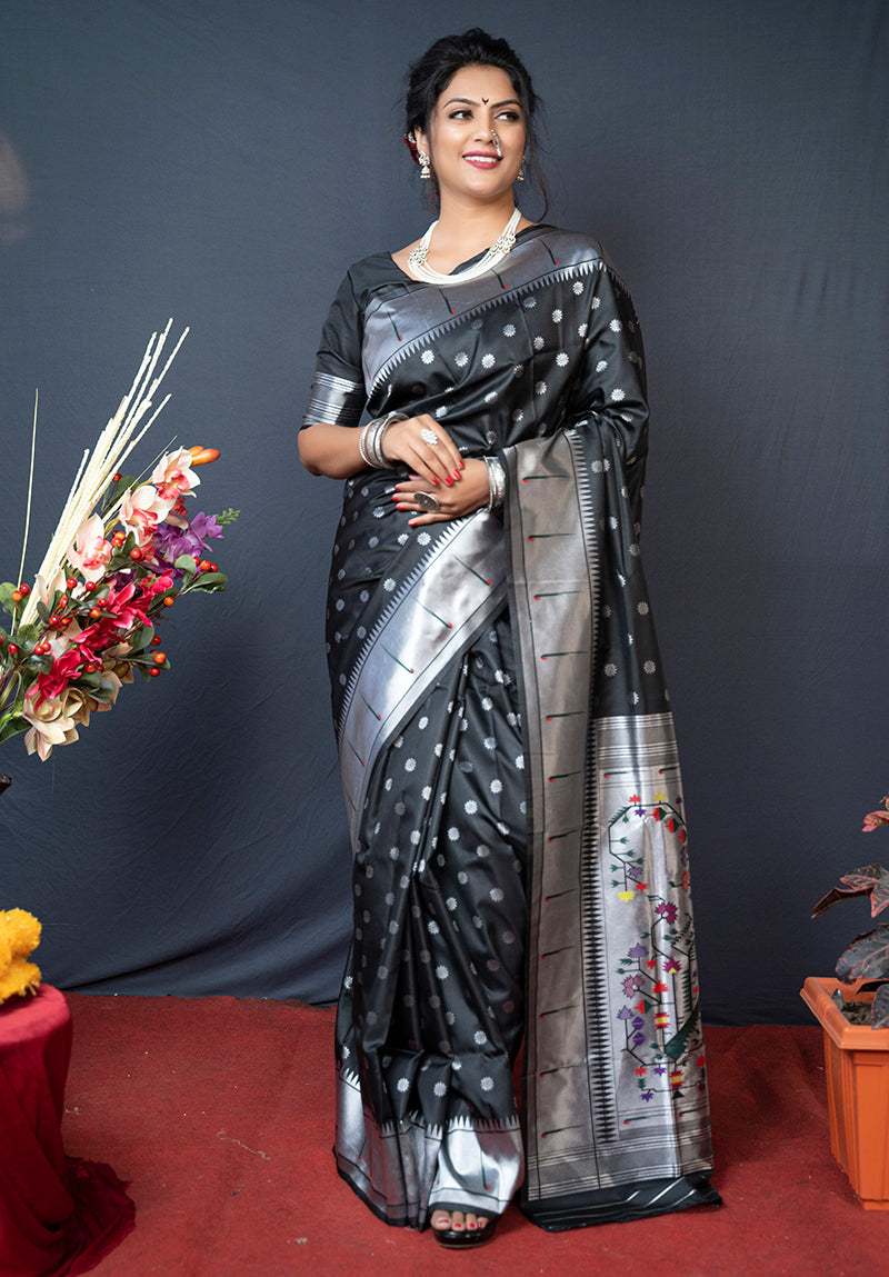 Monjolika Fashion Black Silk Blend Saree With Silver Zari Booti & Traditional Floral Pallu | Grocsy