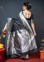 Monjolika Fashion Black Silk Blend Saree With Silver Zari Booti & Traditional Floral Pallu | Grocsy